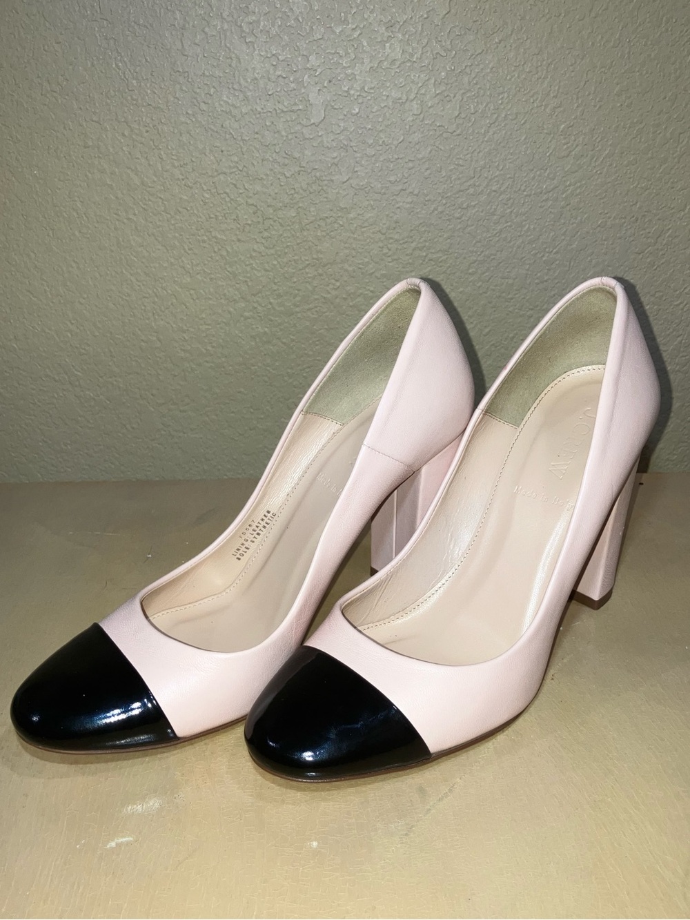 J. Crew Two-Tone Pink Block Heel Pumps with Black Cap Toe